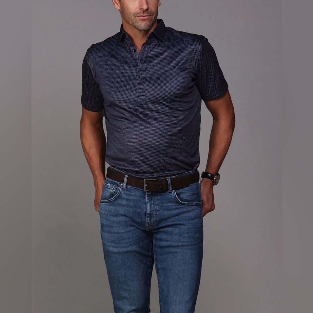Collars & Co NWT Men’s Semi-Spread Collar Polo In Midnight Micro Dot.  Sz Large - Picture 5 of 15